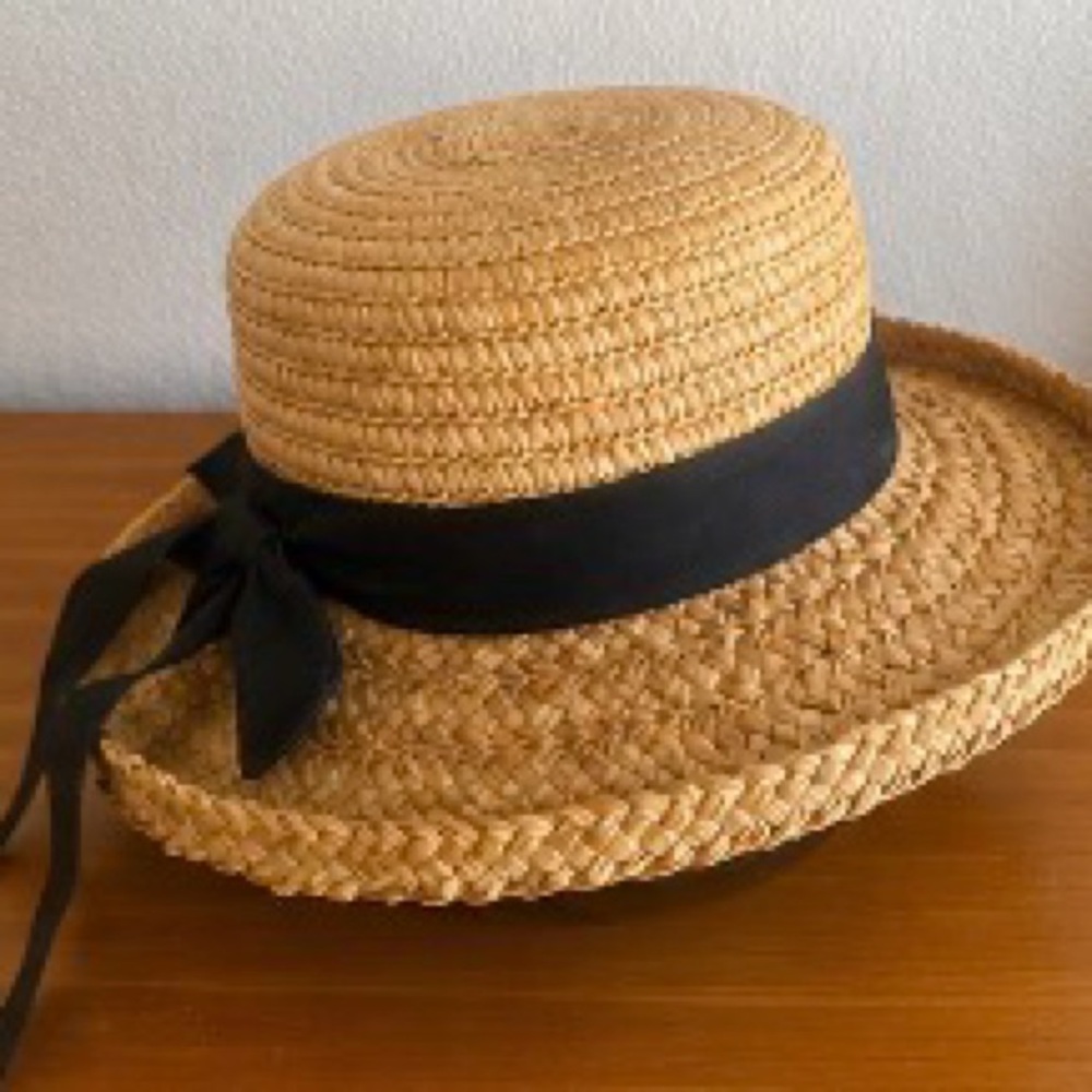 Vintage Cherokee Straw Boater Hat with Black Ribbon Bow